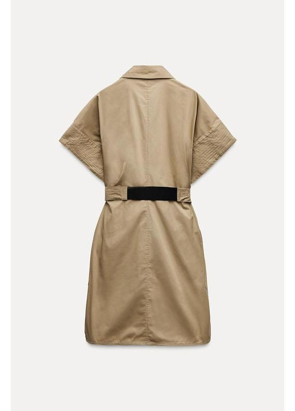 Бежевое короткое платье-рубашка с ремнём Zara