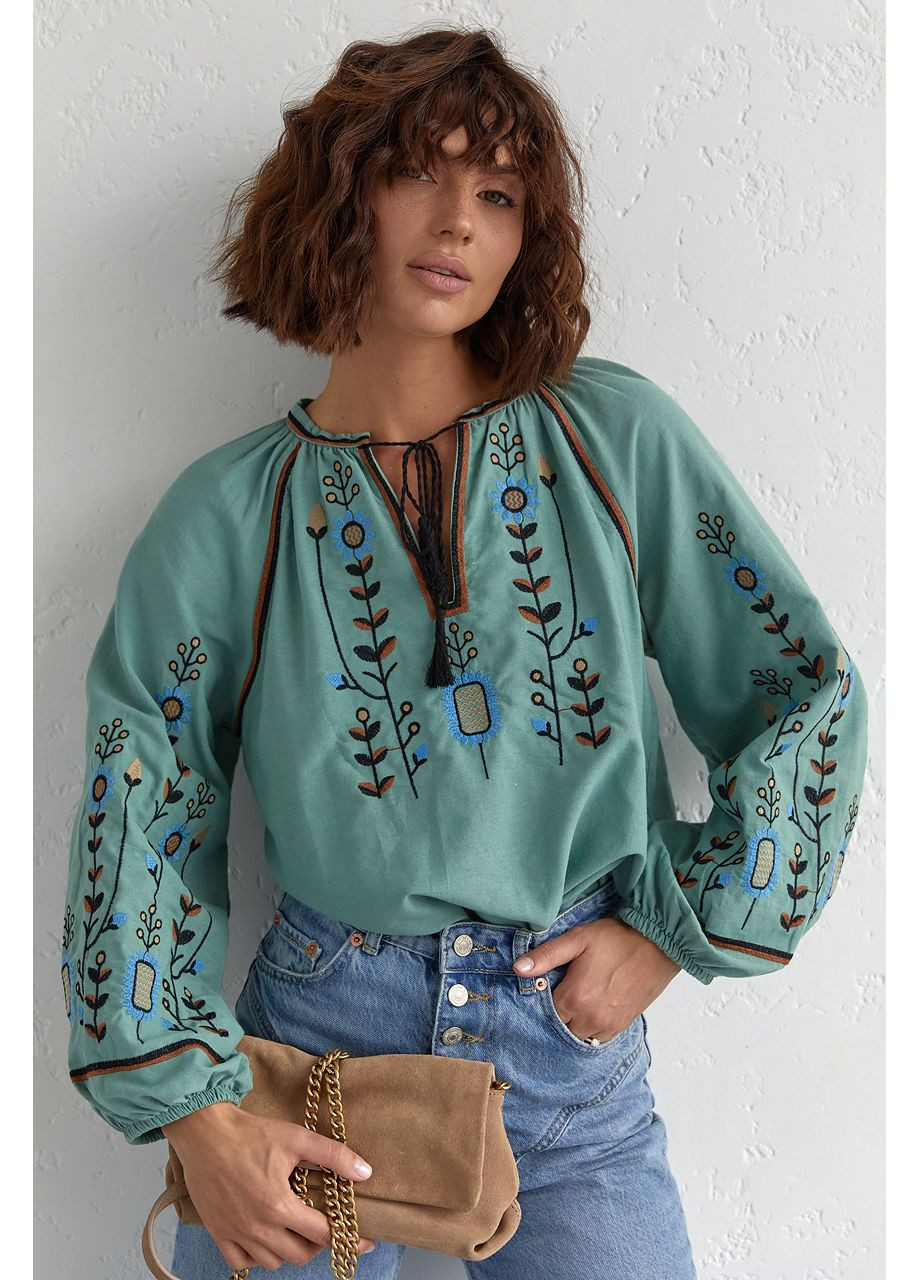 Бирюзовая женская вышиванка с пышными рукавами "васильки" ESQ прямой хлопок (349454602)