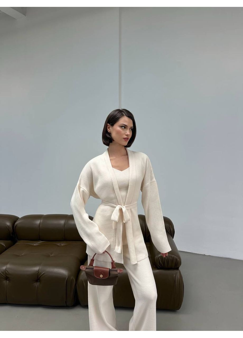 Жіночий костюм з поясним кардиганом і прямими брюками No Brand (366367257)