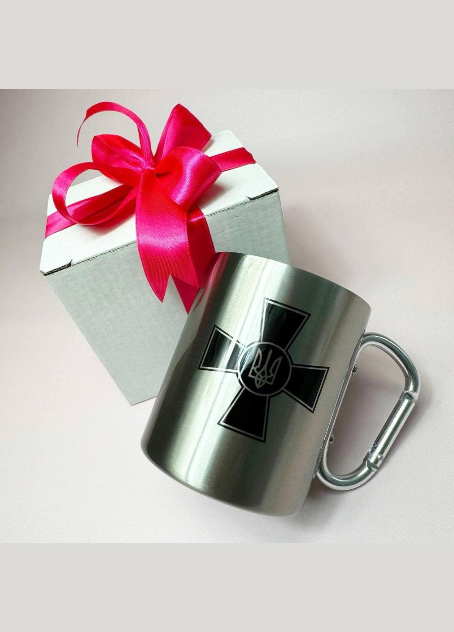 Кружка металлическая с карабином "ВСУ сила ведущая к победе" 300 мл в подарочной коробке с бантом No Brand (324264214)