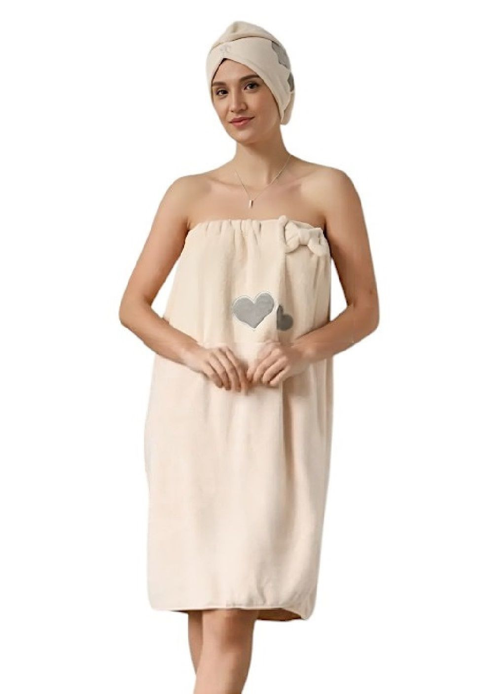 Набор женский полотенце халат для тела чалма на голову микрофибра для ванны бани сауны 140х80 см (478868-Prob) Сердце кремовый Unbranded (314765688)