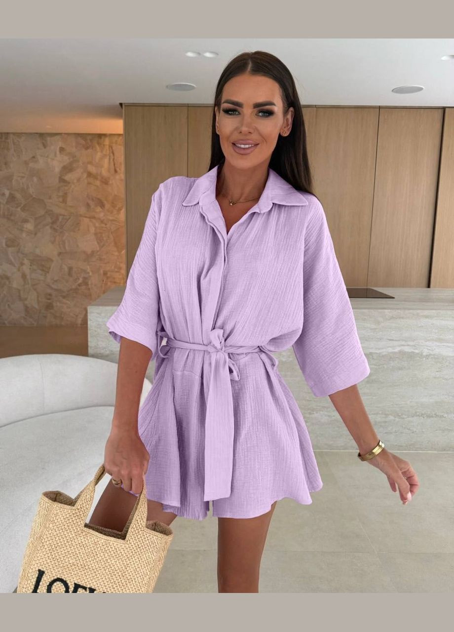 Муслиновый сиреневого цвета комбинезон идеальный для летних прогулок No Brand 052-3 однотонный сиреневый