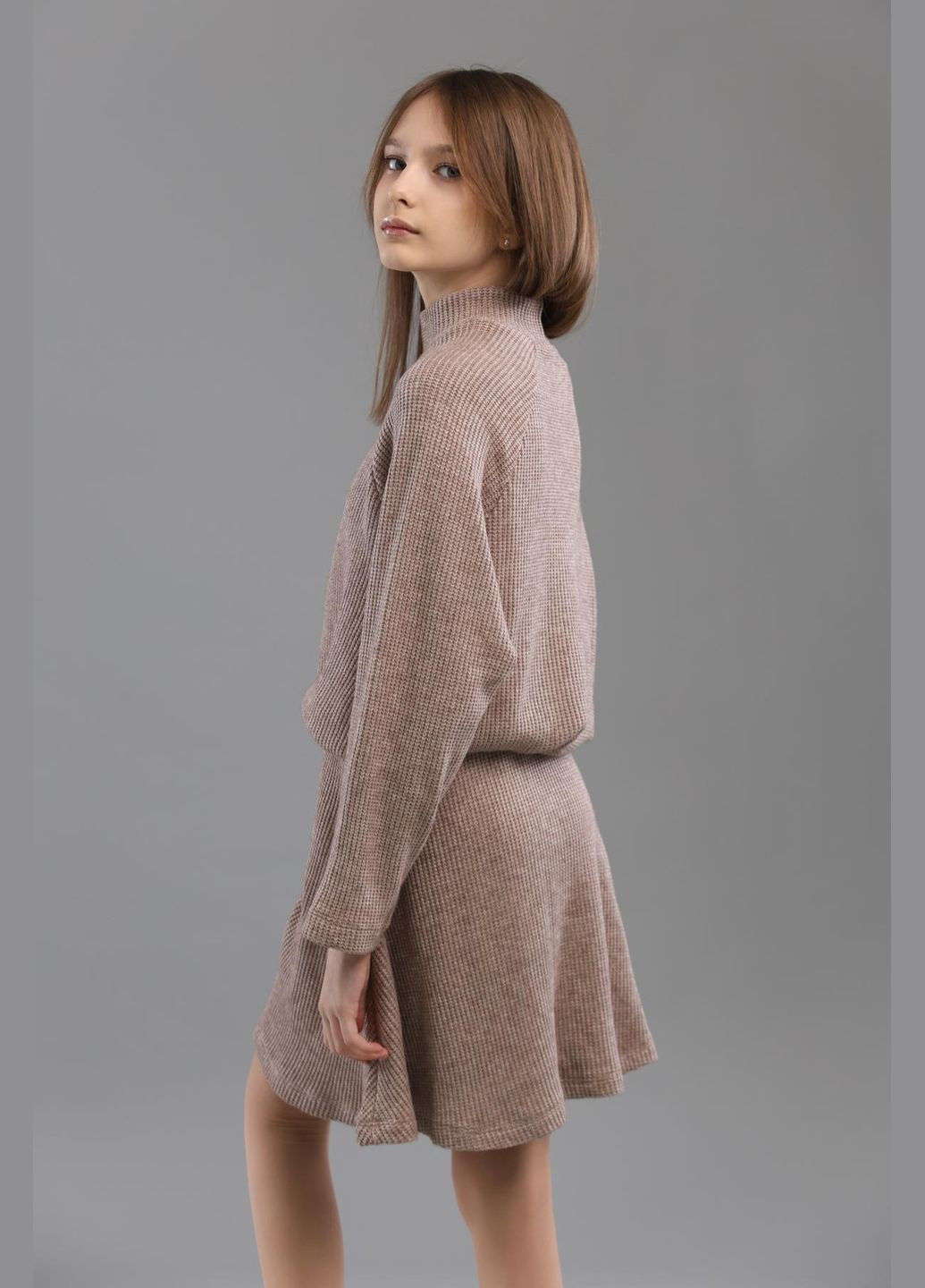 Коричневый зимний вязаный комплект (юбка, свитер) подростковый юбочный IRmAS оверсайз