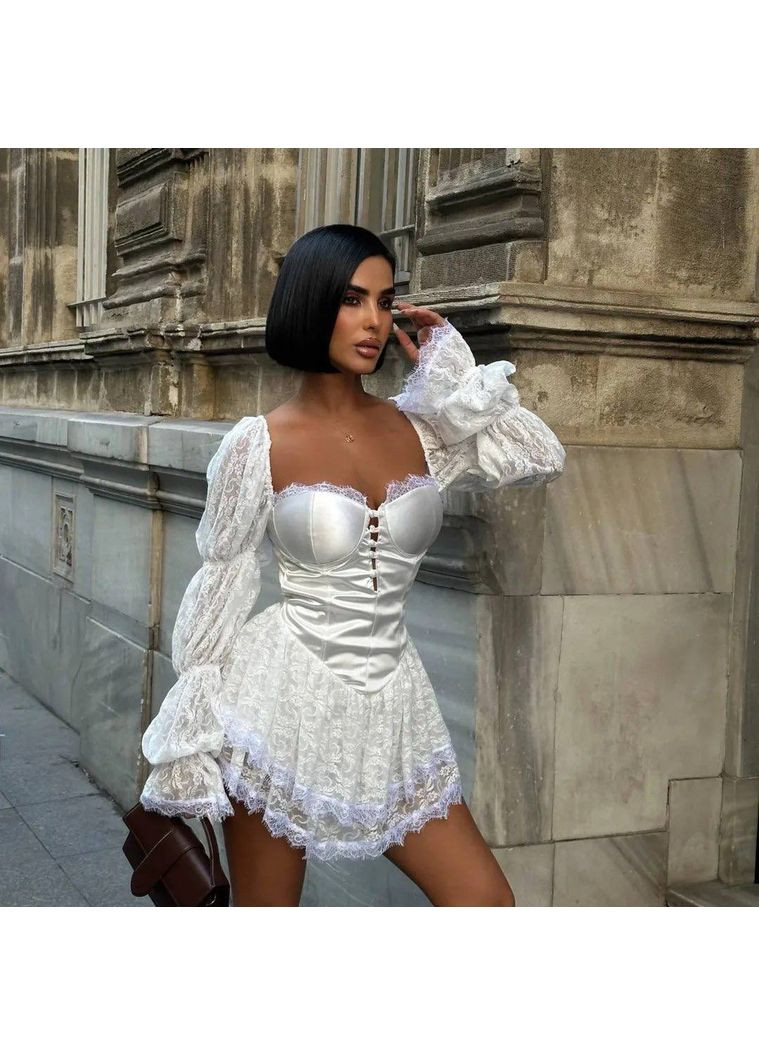 Молочное праздничный платье-комбинезон с корсетной имитацией — замеры в описании силуэтная GD/GL Модний простір однотонное