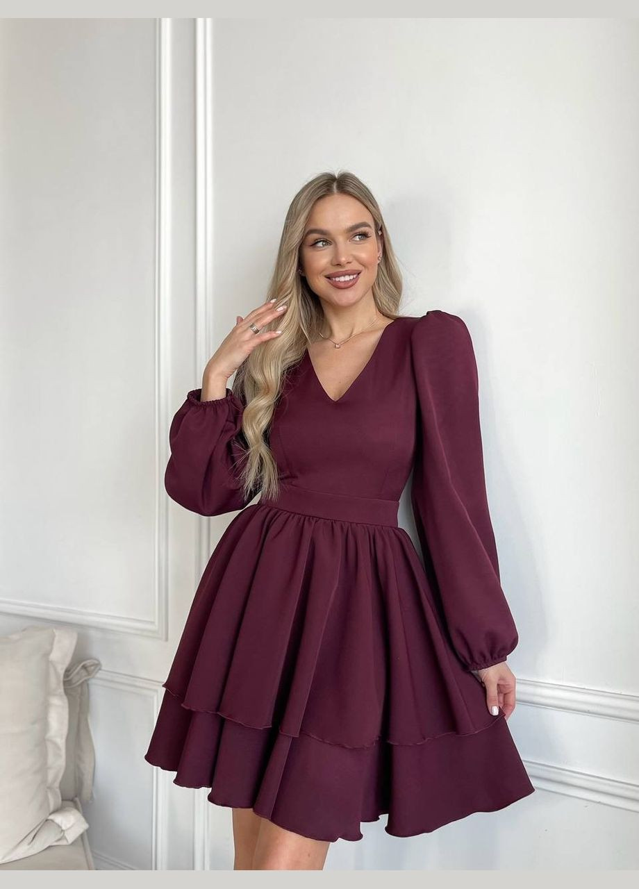 Бордовое праздничный, коктейльное, вечернее женское нарядное праздничное короткое платье клеш бордовое, красное, бургунди коктейльное черное белое голубое розовое бежевое с юбкой-солнце No Brand однотонное