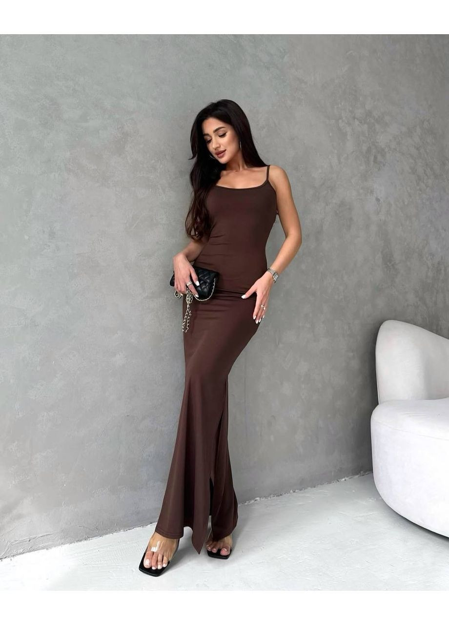 Темно-коричневое платье макси на регулировочных бретелях No Brand