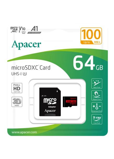 Карта памяти microSDXC 64GB UHSI Class 10+ SD адаптер (AP64GMCSX10UB-R) Apacer (308791106)