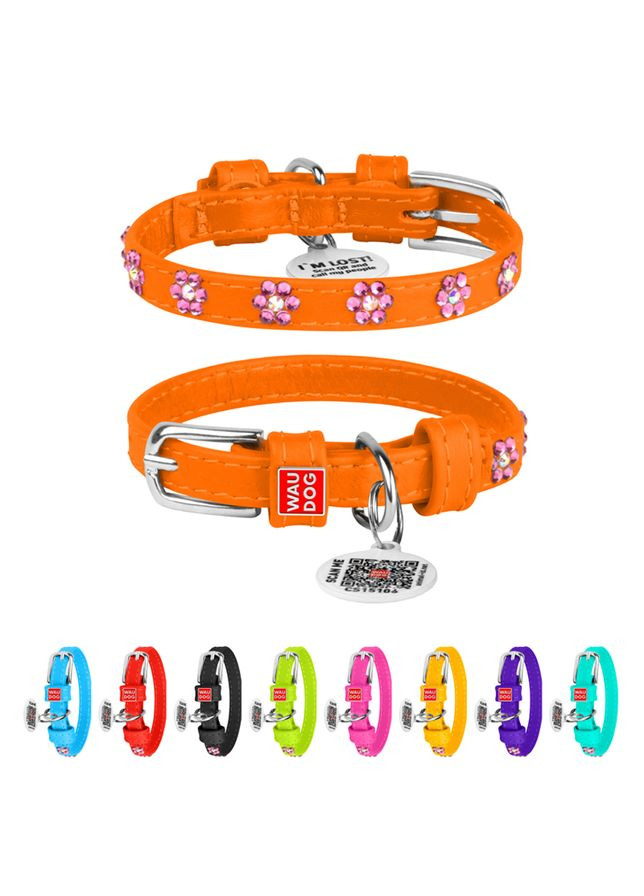 Ошейник для собак кожаный Glamour с QR паспортом, с клеевыми стразами "Цветы", Ш 9 мм, Длин 19-25 см оранжевый WAUDOG (322001901)