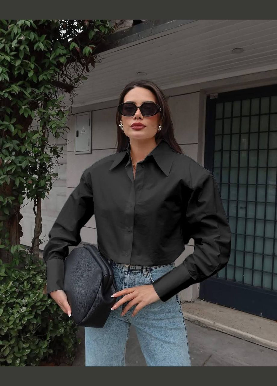 Черная классическая, повседневный, кэжуал, джинсовая рубашка однотонная No Brand с длинным рукавом