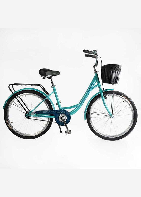 Велосипед городской 26" Travel, односкоростной, стальная рама 16.5", корзина, багажник. Turquoise (163529) Corso (340909583)