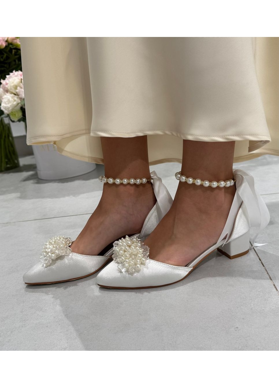 No Brand Жіночі туфлі Весільні атласні ремінцем з перлами та з брошкою перли квітка (знімається) 5 см білий з текстиль, — (351394420)