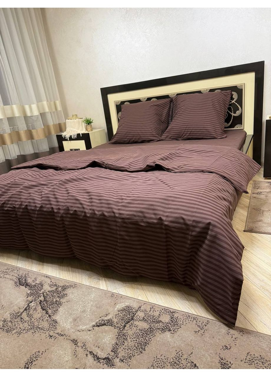 Постельное белье хлопковое в Полоску Евро 200 x 220 Бязь Коричневое 50 х 70 No Brand (278634869)