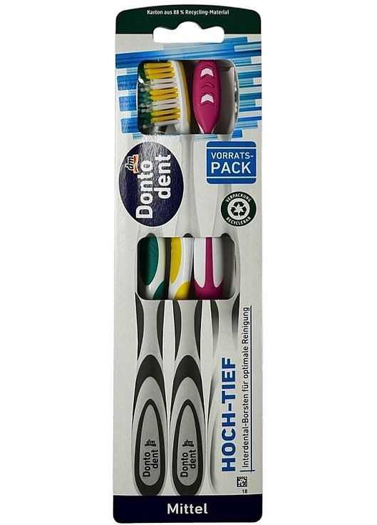 Набор зубных щеток средней жесткости, зеленая, желтая, розовая Mittel 3шт (1493009-34275508) Dontodent (368660265)