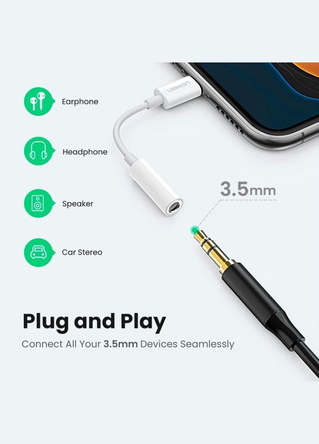Перехідник Lightning --> 3.5 mm 10cm Headphone Jack Adapter Model US212 Білий Ugreen (322131403)