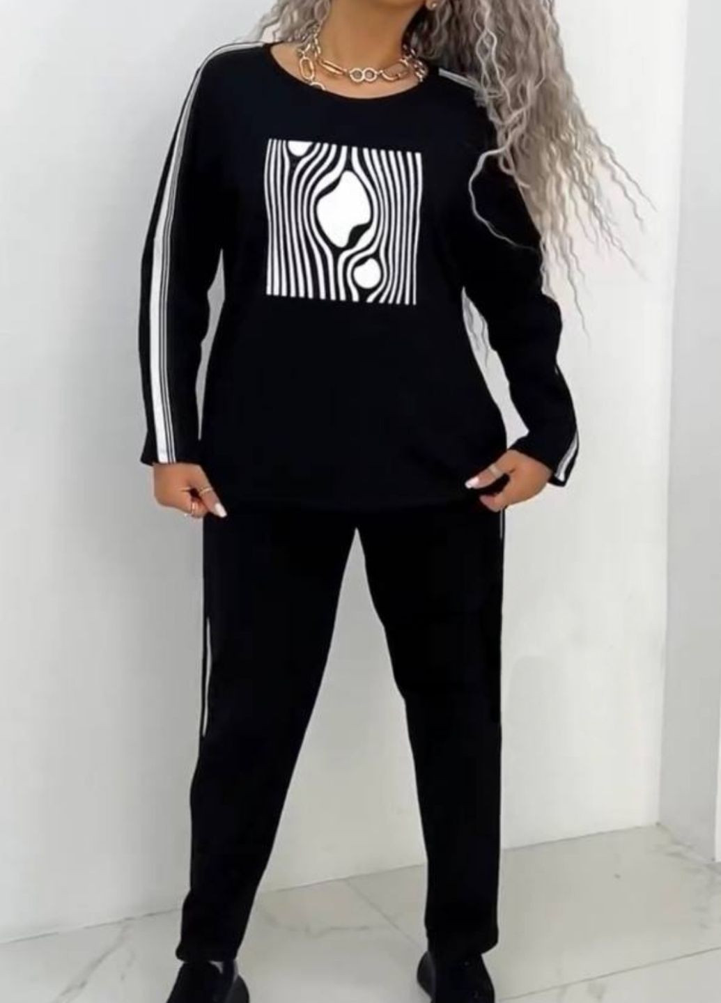 Базовый повседневный костюм двойка с лампасами: кофта с накатом + брюки с карманами Україна (323185222)