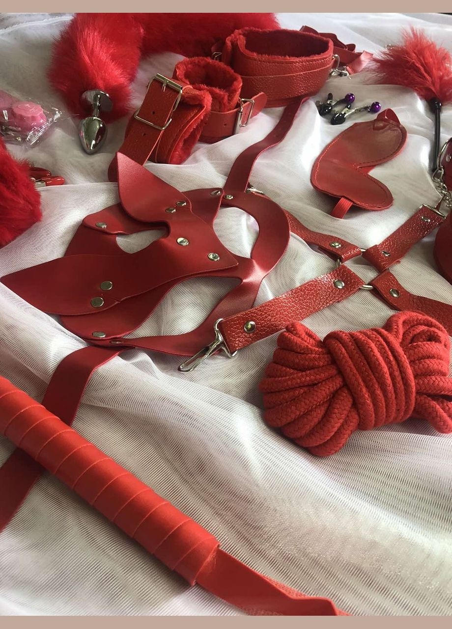 БДСМ набір 14 предметів для рольових ігор червоний фетіш анальна пробка наручники кляп віброяйцо No Brand (340914797)