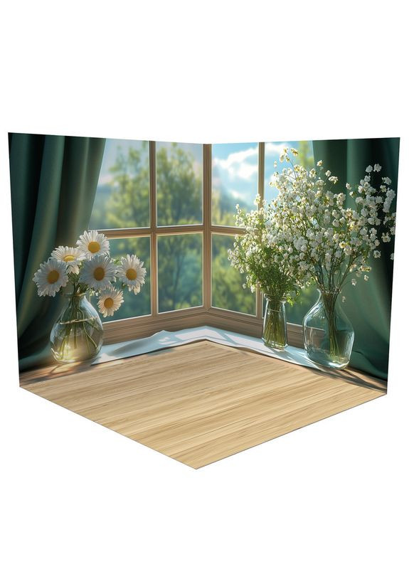 Фон виниловый 3D окно с ромашками и светом, пол светлое дерево и камень, 60×60 см, №58669 PhotoVinyl (360982317)