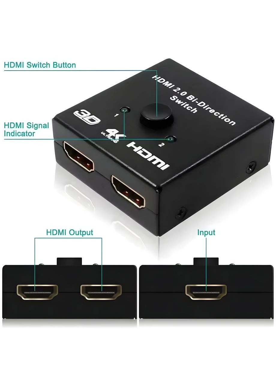 Двоспрямований HDMI комутатор розгалужувач на 2 порти для ПК ноутбука ТВ і консолей No Brand (357226807)