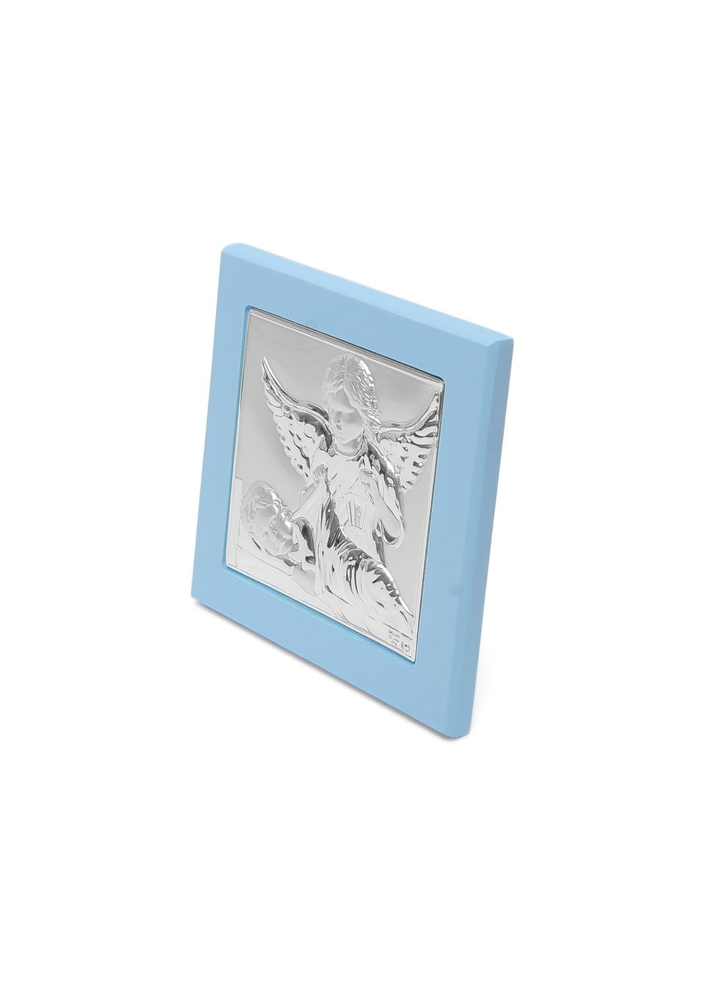 Серебряная икона Ангел Хранитель с младенцем 11х11см в синем дереве в подарок для мальчика Prince Silvero (266265942)