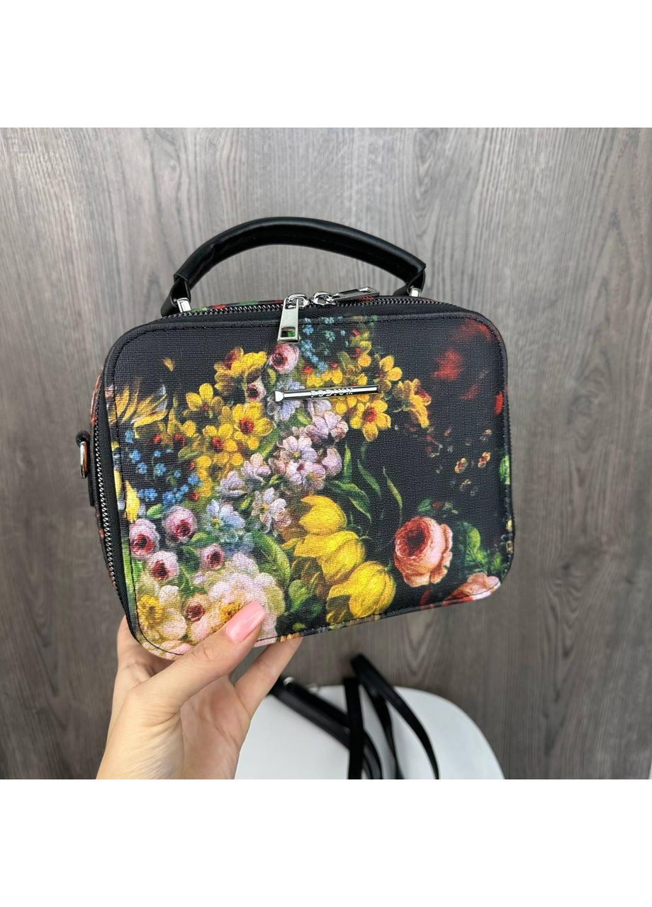 Женская каркасная сумочка клатч цветочная из экокожи черная на плечо ProDobro (363259700)