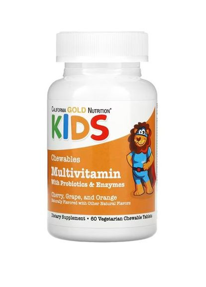 , жевательные мультивитамины с пробиотиками и ферментами для детей, 60 таблеток California Gold Nutrition (293246942)