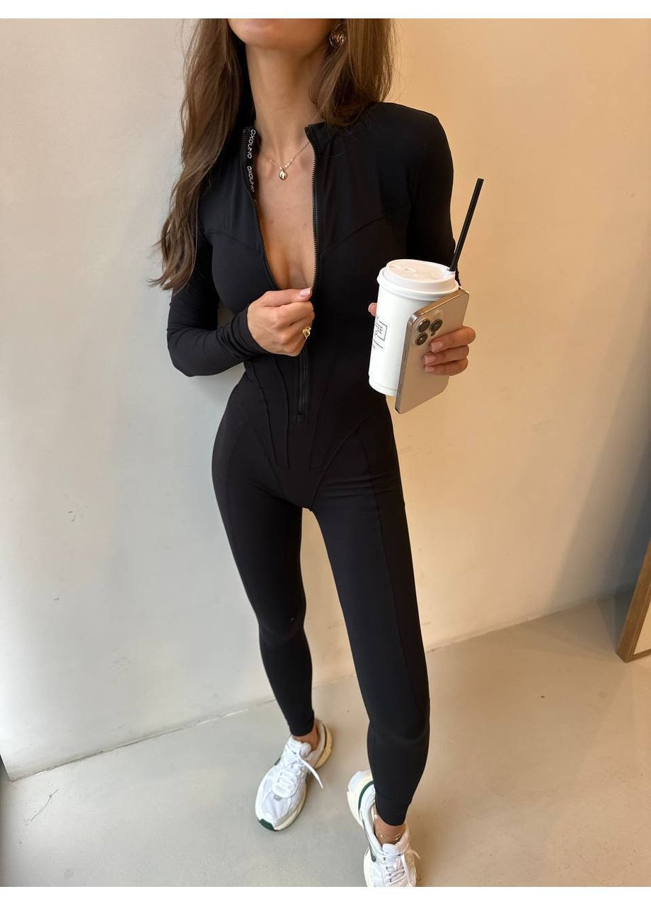Женский комбинезон No Brand комбинезон-брюки однотонный чёрный спортивный, повседневный, домашний, кэжуал трикотаж с начесом