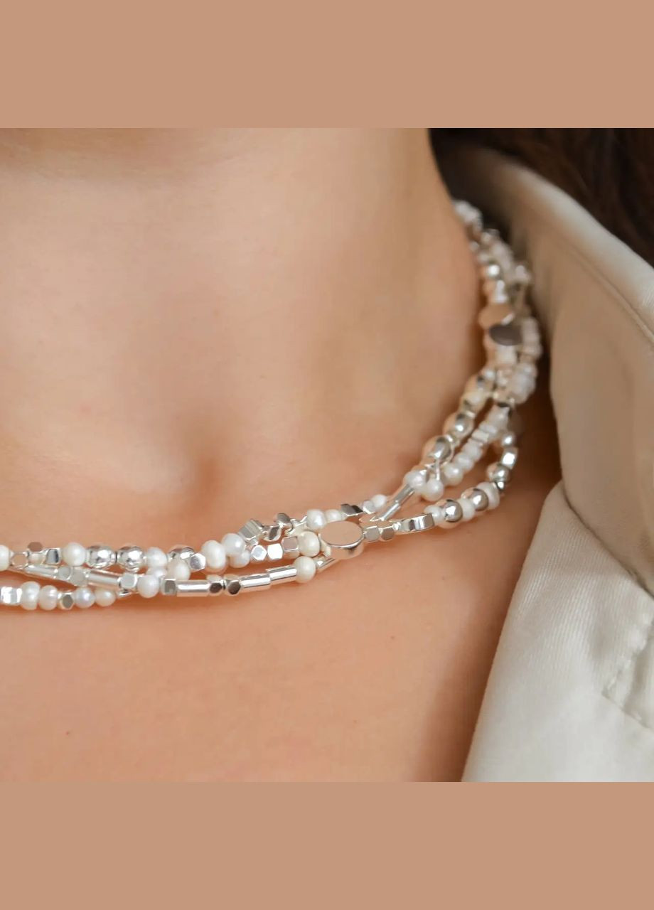 Чокер трёхрядный "Антик" Гематит серебристый + речной Жемчуг d-2х6мм+- гип-ная фур-ра цвета серебро L-45-50см No Brand жемчуг (пресноводный), гематит латунь серебро (303140359)