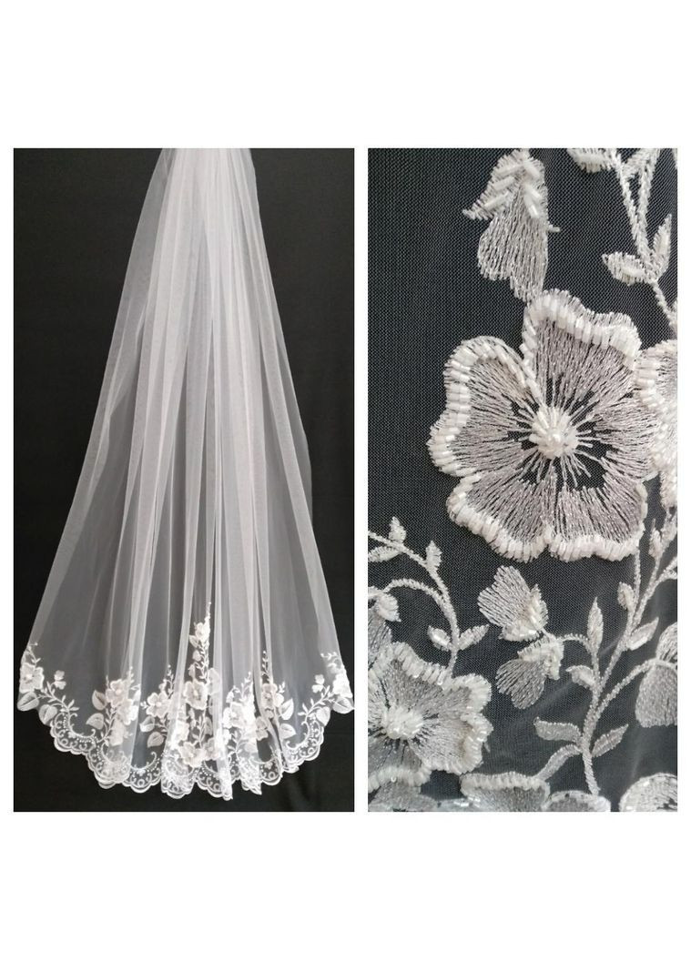 Довга весільна одношарова фата з вишивкою по низу 3 м No Brand (369162379)