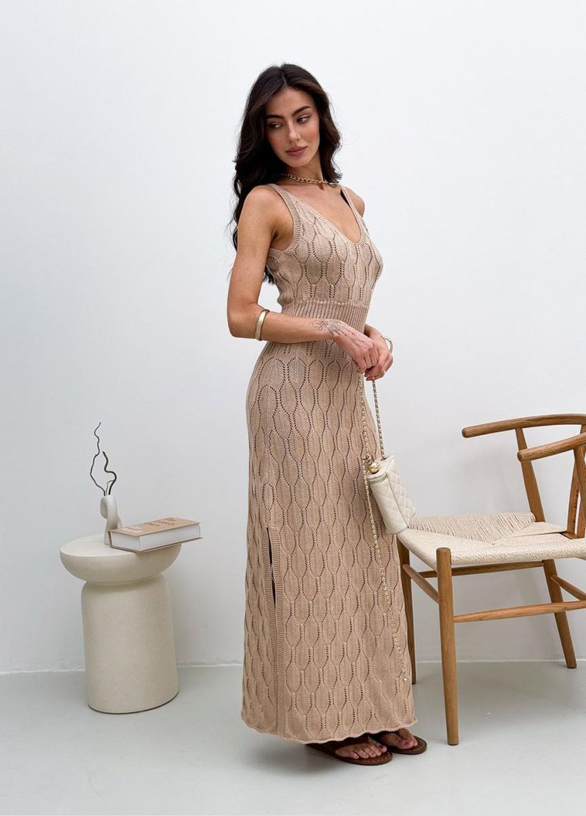 Бежевое кэжуал ажурное летнее платье Art Knit однотонное