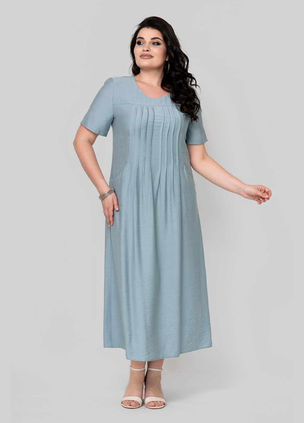 Мятное платье трапецевидного силуэта из ткани лен бохо по центру застроченные складки all posa (ap102352p) A'll Posa