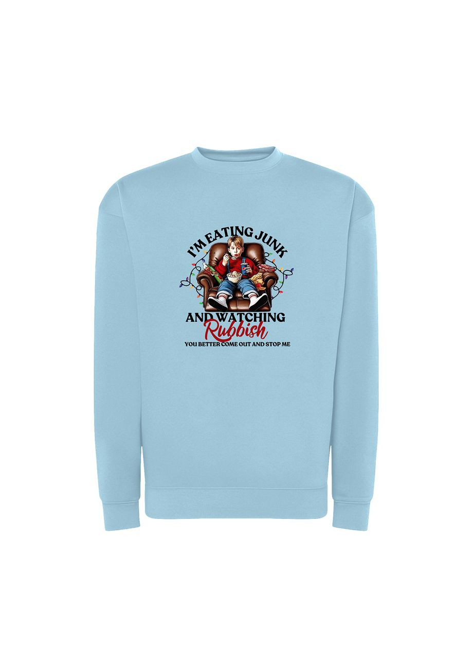 Блакитний новорічний світшот з принтом "i'm eating junk and watching rubbish". сам удома / один вдома (10565076843) ТiШОТКА (368570957)