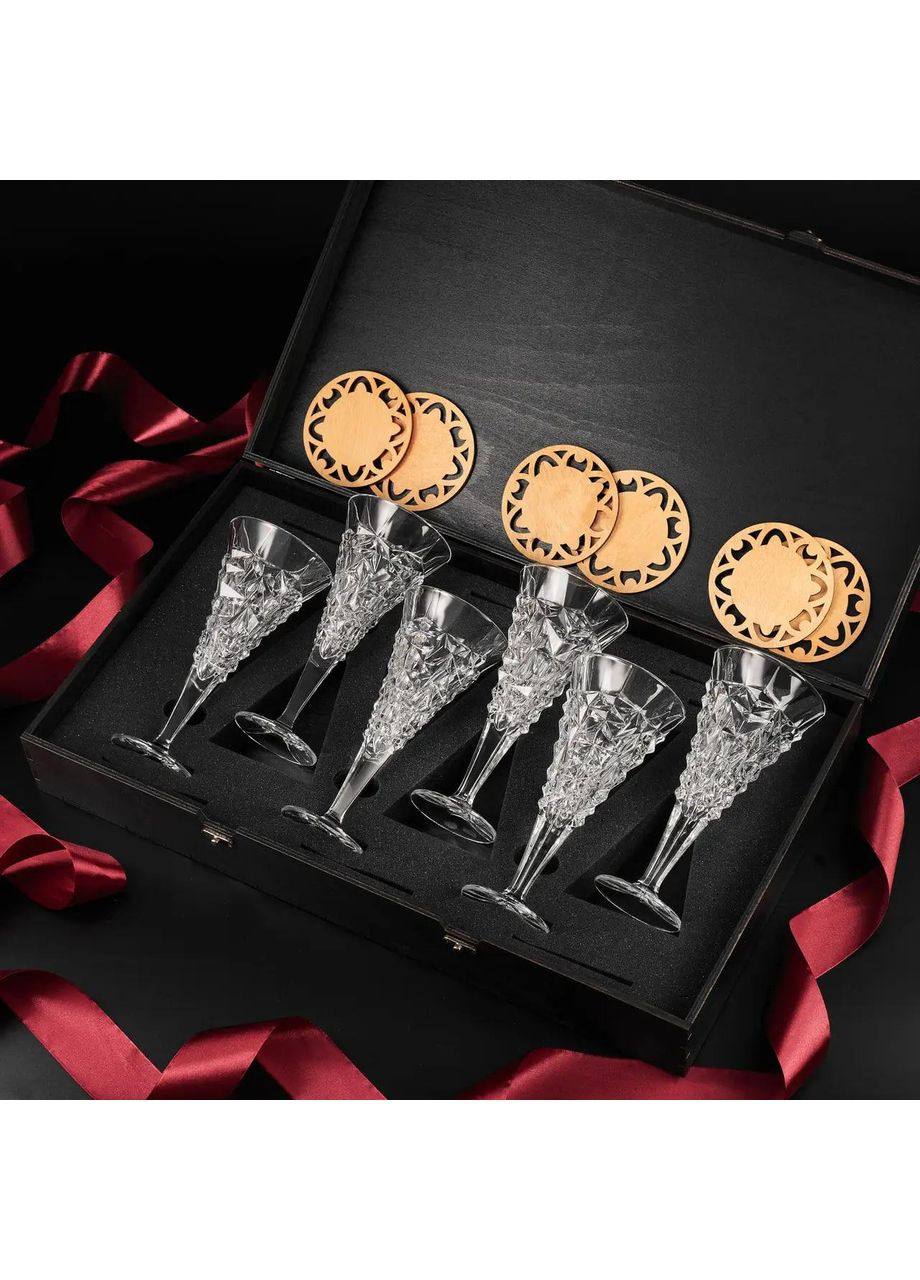 Подарочный набор для вина на 6 бокалов Glacier 250 мл в деревянной коробке. Bohemia (364550578)