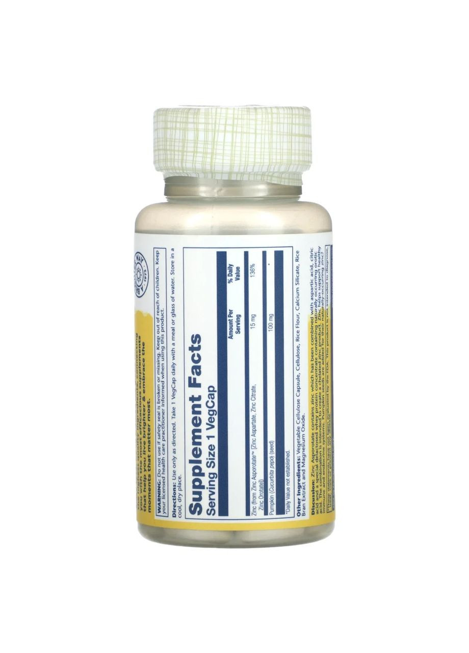 Цинк Zinc Asporotate 15 мг, 100 капсул Solaray (365754567)