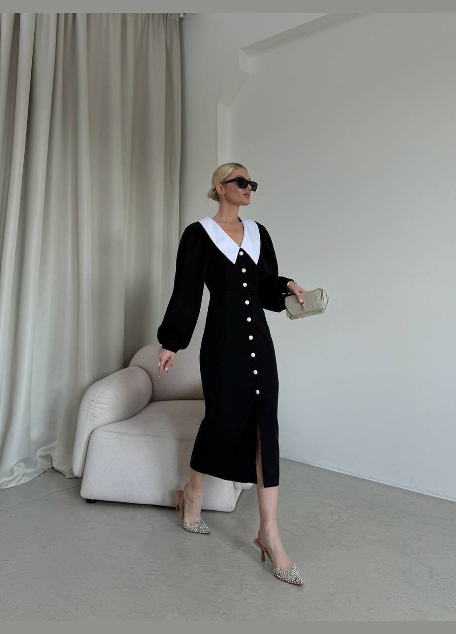 Чорна довга чорна сукня з білим котоновим коміром і довгим рукавом, актуальна гарна сукня на ґудзиках No Brand