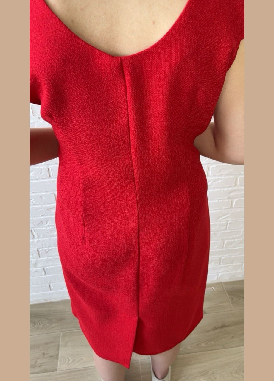 Красное повседневный, кэжуал красное однотонное льняное летнее женское платье-футляр миди платье-футболка, футляр No Brand однотонное