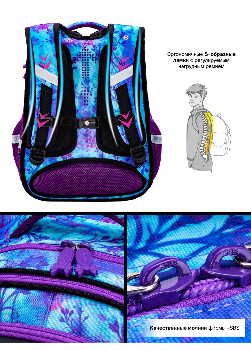 Ортопедический школьный рюкзак для девочки синий с Котиком /SkyName 37х30х16 см для младших классов (R1-023) Winner (293504249)