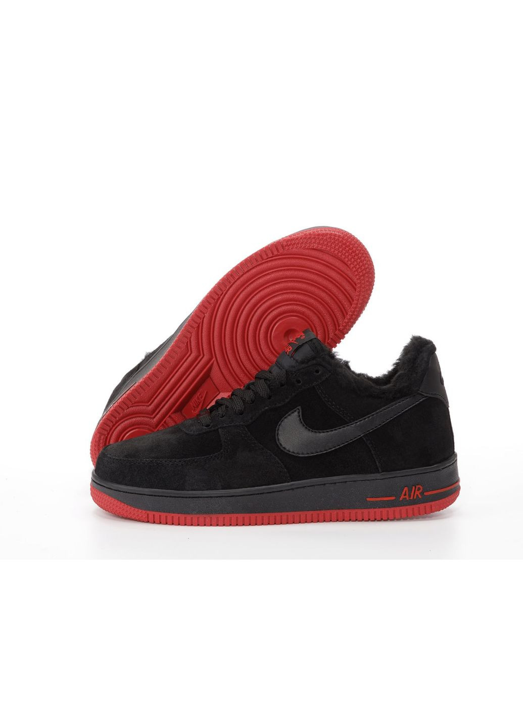 Черные зимние кроссовки зимние мужские nike air force 1 winter low black red fur | найк аир форс 1 низкие черные красные с мехом No Brand