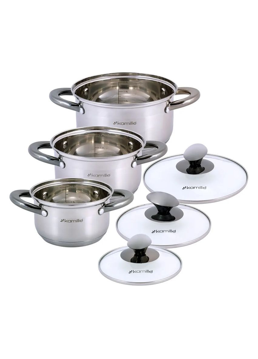 Набор кастрюль из нержавеющей стали 6 предметов для индукции и газа (1.0л, 1.5л, 2.0л) KM- hjk Kamille 4926 (360880088)