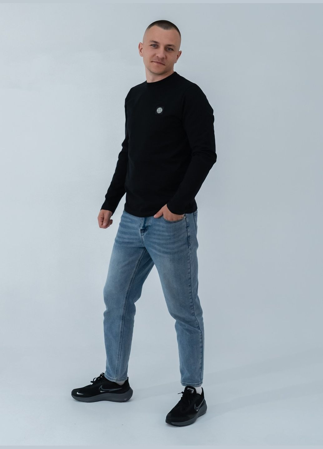 Черный демисезонный спортивный, повседневный, кэжуал лонгслив Stone Island