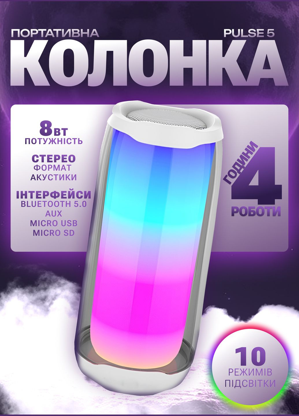 Портативна колонка Pulse 5 BT/TF/FM/AUX/USB з підсвіткою 8 Вт, біла Smart X PULSE5W Smartx (336191461)