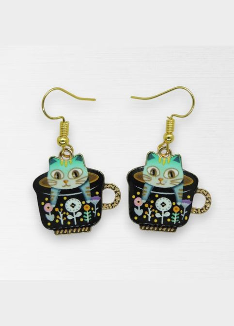 Женские серьги котенок выглядывает из кофейной чашки 4 см золотистые Liresmina Jewelry (347151297)
