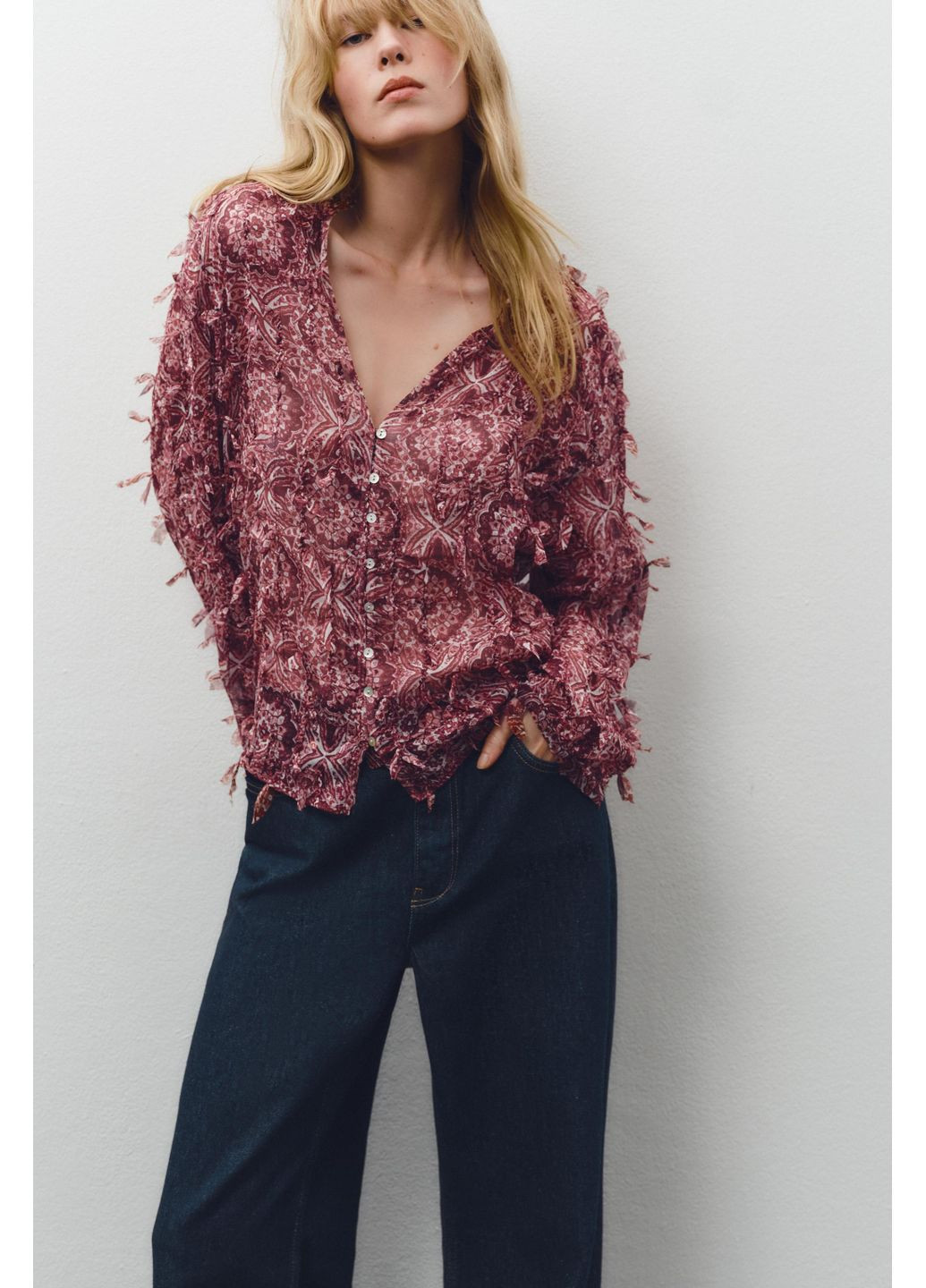 Бордова сорочка із принтом та бахромою Zara