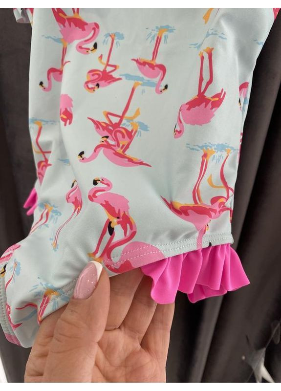 Блакитний літній купальник для дівчинки з фламінго суцільний BabyStyle