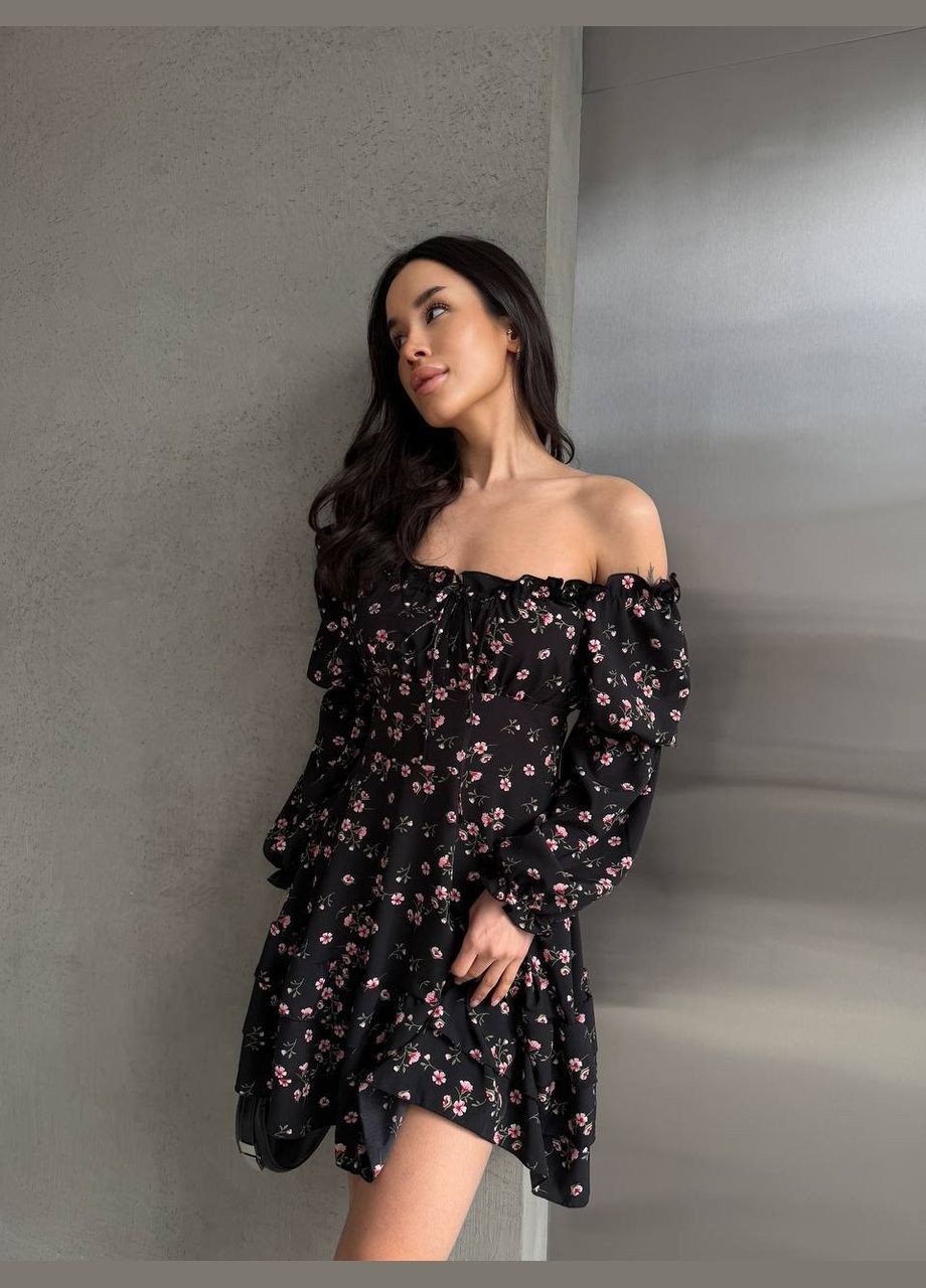 Чорна повсякденний сукня міні з квітковим принтом MonCher з квітковим принтом
