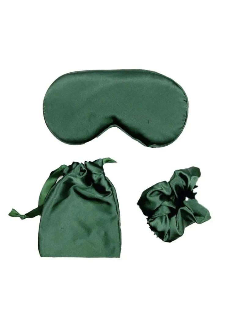 Маска для сна шелковая зеленая с сумкой для хранения и резинкой для волос комплект No Brand (328262714)