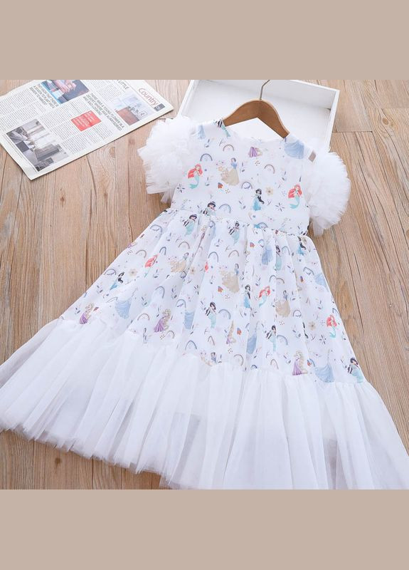 Белое платье детское праздничное с принцессами (120см) (13998) Qoopixie (290704441)