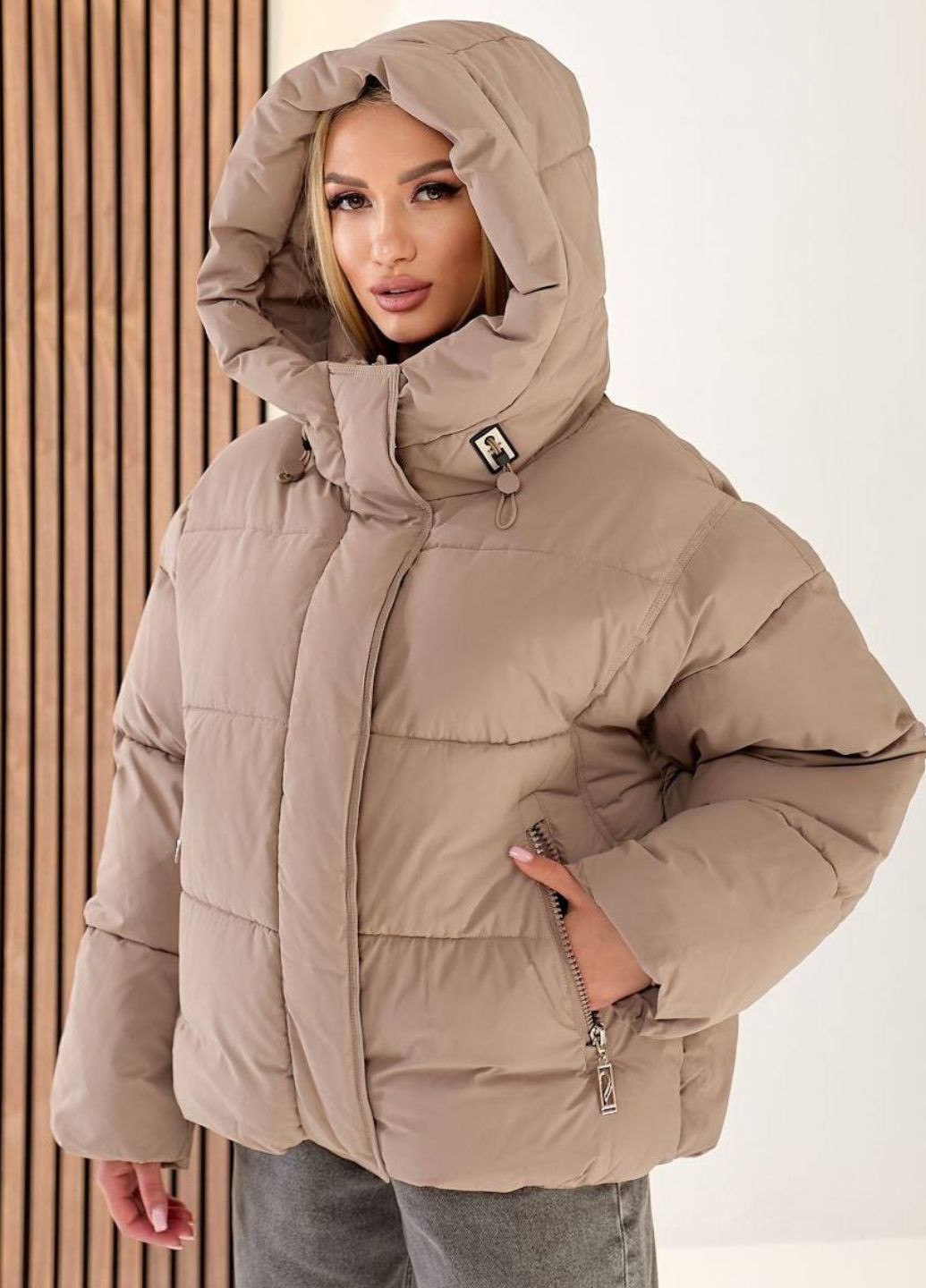 Кавова зимня зимова повсякденна стьобана курточка на блискавці з кнопками, капюшоном та затяжками Tik-Tak