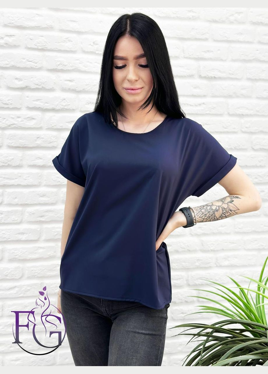 Тёмно-синяя летняя блузка футболка свободного кроя Fashion Girl