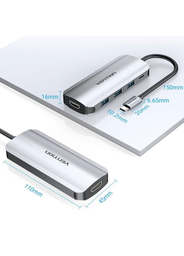 Док-станція USB3.1 Type-C --> HDM/USB 3.0х3//PD 100W 5-in-1 Vention (372613398)