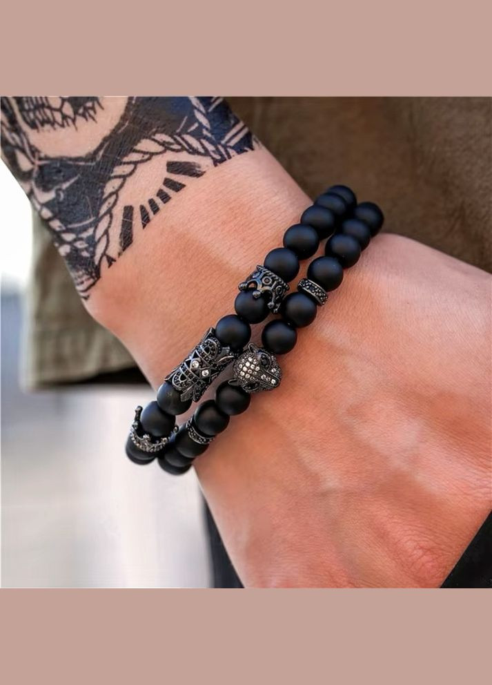 Чоловічі браслети з натурального каміння, комплект Black Panther з агату, чорні. No Brand (328251208)